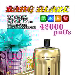 Promotional Image Of The Bang Blaze Disposable E-Shisha Head In A Gold Design With Blueberry Raspberry Flavor, Depicted Alongside Colorful Currency And A Gift Box With A Bow, Highlighting Features Such As 42,000 Puffs, 1000Mah Battery, And 30Ml Liquid Capacity.