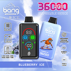 Promotional Image For The Bang Disposable Vape Device Featuring A Blueberry Ice Flavor, Showcasing Its Design, Features Like Fingerprint Pressure Regulation And 850Mah Battery, And Specifications Including Type-C Charging And Dual Oil Tanks.