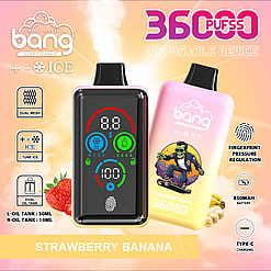 A Vibrant Advertisement Featuring A Disposable Vape Device With Modern Features, Showcasing A Digital Display, Dual Oil Tanks, And A Strawberry Banana Flavor; Surrounded By Related Icons And Graphics.