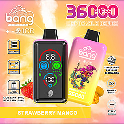 A Promotional Display Showing The Bang Disposable Vape Device In Strawberry Mango Flavor, Highlighting Features Such As 36000 Puffs, Fingerprint Pressure Regulation, Dual Mesh And Oil Tanks, And Type-C Charging.