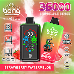 Promotional Image For The Bang Disposable Vape Device Featuring A Strawberry Watermelon Flavor, Showcasing A Dual Oil Tank, Dual Mesh Coil, Adjustable Ice Tune Feature, Fingerprint Pressure Regulation, 850Mah Battery, And 36000 Puff Capacity With A Type-C Charging Port.