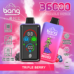 Publicité présentant un appareil de vapotage jetable de Bang avec une capacité de bouffées de 36 000 Ice Level, un design coloré étiqueté « Triple Berry » et des détails techniques, notamment des réservoirs d'huile doubles, une régulation de la pression par empreinte digitale et un chargement USB Type-C.