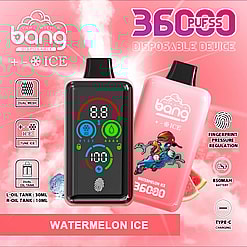 Image promotionnelle pour l'appareil de vapotage jetable Bang au goût « Watermelon Ice », mettant en évidence des fonctionnalités telles qu'une capacité de 36 000 bouffées, des paramètres réglables, une régulation des empreintes digitales et deux réservoirs d'huile avec une batterie de 850 mAh.