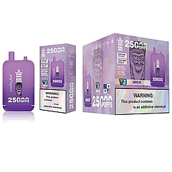 A Purple Disposable Vaping Device Marked As 'Bang King' Capable Of 25,000 Puffs, Shown Alongside Its Packaging Featuring The Flavor 'Grape Ice' And A Prominent Health Warning Label.