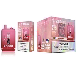 Packaging Of Bang King Vape In 'Watermelon Ice' Flavor With '25000 Puffs' Branding And A Warning Of Addictive Chemicals.