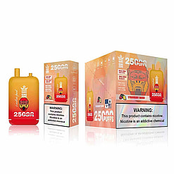 A Packaged Electronic Vaping Device Labeled 'Bang King, 25000 Puffs,' With A Strawberry Mango Flavor, Displayed Alongside Its Box Emphasizing Nicotine Content Warnings.