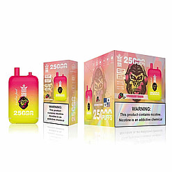Colorful Packaging And Device Of Bang King Vaping Product, Labeled '25000 Puffs' And 'Strawberry Banana' Flavor, With Prominent Nicotine Warning Labels.