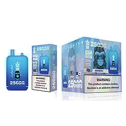 A Blue Vaping Device Along With Boxes Featuring Product Branding, Emphasizing 25,000 Puffs And Warnings About Nicotine's Addictiveness.