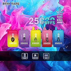 A promotional image showcasing Bang King brand disposable vape devices in five vibrant colors against a colorful abstract background, highlighting features like 25000 puffs, 650mAh battery, 23ml liquid capacity, and Type-C charging.