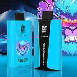 Two Vibrant Blue Vape Devices, Labeled 'Bang King 30K Pro,' With A Stylized Flaming Gorilla Graphic And 'Blueberry Raspberry' Flavor Indication, Set Against A Dynamic Background.