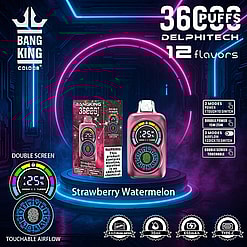 Image Showcasing A Bang King Vaping Device With Touchable Double Screens In Strawberry Watermelon Flavor, Set Against A Futuristic Neon Background, Highlighting Its Features Like Power Modes, Airflow Adjustment, And Specifications Including 650Mah Capacity And Type-C Charging.