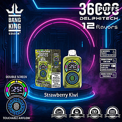 Promotional Image Showcasing The Bang King Vaping Device In Strawberry Kiwi Flavor, Featuring A Green Body With Double Screens Displaying Settings, Key Specifications Like 650Mah Battery And 30Ml Capacity, And Highlighted Neon Aesthetic Background.