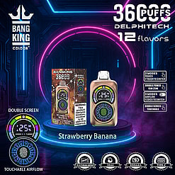 Promotional Image For Bang King Vape Device Featuring 36,000 Puffs With Strawberry Banana Flavor, Highlighting Its Dual Screen, Touchable Airflow, Two Power Modes, Three Airflow Modes, And Modern Design In Neon-Lit Background.
