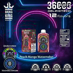 Promotional Image Featuring A Bang King 3600 Puffs Electronic Vaping Device In Peach Mango Watermelon Flavor, Highlighting Its Double Screen, Touchable Airflow, Type-C Charging, 30 Ml Capacity, 650 Mah Battery, And Dual Mesh Coil Technology, Set Against A Futuristic Neon Background.