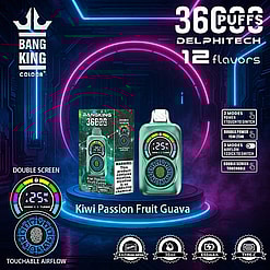 Marketing Image Of The Bang King Delphitech Vape, Showcasing Its Kiwi Passion Fruit Guava Flavor, Dual-Screen Feature, Touchable Airflow Controls, And Various Technical Specifications Like Power Modes And Battery Capacity.