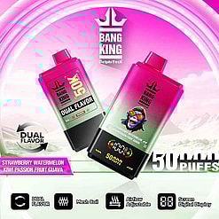 Reklambild för Bang King vapes, som visar två färgglada vape-enheter med funktioner som dubbla smaker (jordgubb och vattenmelon, kiwi och passionsfrukt), 50 000 bloss, mesh-coil, justerbart luftflöde och en digital skärm.