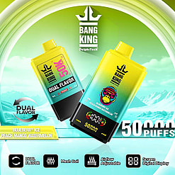 Promotional Design For The 'Bang King' Dual-Flavor Vape Device By Delphtech, Featuring A Bold Yellow And Teal Gradient, One Product Showing Blueberry Ice And Peach Mango Watermelon Flavors With A Cartoon Gorilla Design, And Highlighted Specifications Like 50,000 Puffs, Mesh Coil, Adjustable Airflow, And Digital Display.