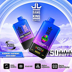 Promotional Image For Bang King Dual-Flavor Vape Device Featuring Blueberry Raspberry And Mixed Berry Flavors, Highlighting 50,000 Puffs, Mesh Coil, Adjustable Airflow, And Digital Screen Display, Set Against A Stylized Icy Mountain Backdrop.