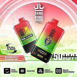 Promotional Image Featuring Two Bang King Disposable Vape Devices With Dual Flavor Options In Watermelon Ice And Blueberry Mint. The Devices Are Displayed Against A Vibrant, Green-To-Red Gradient Background, Highlighting Features Like 50,000 Puffs Capacity, Digital Display, Dual Flavor Capability, Adjustable Airflow, And Mesh Coil Technology.