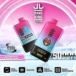 Advertisement For Bang King Electronic Vape Devices Featuring Dual Flavors Watermelon Ice And Blueberry Cherry, With Details On 50,000 Puffs, Mesh Coil Technology, Adjustable Airflow, And Digital Screen Display.