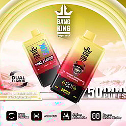 Promotional Image For Bang King Dual-Flavor Disposable Vape Featuring Two Devices, Highlighting Flavors Strawberry Watermelon And Black Dragon Ice, With A 50,000 Puff Capacity, Mesh Coil, Adjustable Airflow, And Digital Screen Display.