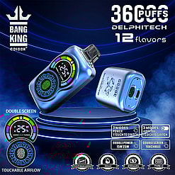 Promotional image of the Bang King Constellation 36000 Color vaping device featuring a double screen, touchable airflow, and specifications such as 36,000 puffs capacity, 12 flavors, a 650mAh battery, and USB Type-C connectivity.