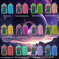 A collection of colorful vaping devices labeled with flavors such as Blue Razz Ice, Strawberry Watermelon, and Grape Apple, displayed against a cosmic-themed background.