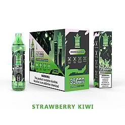A Product Display Featuring A Bang King Vape With 35,000 Puffs In Strawberry Kiwi Flavor, Alongside Its Packaging Labeled With Warnings About Nicotine As An Addictive Chemical.