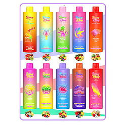 A Colorful Collection Of Bang King's Flavored Beverage Bottles In Three Rows, Each Uniquely Labeled With Various Fruit Designs And Themes, Accompanied By Corresponding Fruit Illustrations.