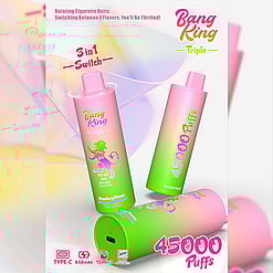 Promotional Image Of A Bang King Triple Device Featuring A Pink And Green Gradient Design, Highlighting Features Like 3-In-1 Flavor Switch, 45000 Puffs Capacity, And Type-C Charging Functionality.
