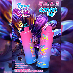 Promotional Image Featuring Two Vibrant Vaping Devices Labeled 'Bang King Triple' Surrounded By Colorful Floral Artwork, Highlighting Specifications Such As 45000 Puffs And A 3-In-1 Flavor Switch.