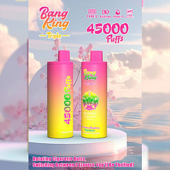 Promotional Display Of Bang King Triple Vaping Devices, Featuring Pink And Yellow Vaporizer Units With A 45000 Puff Capacity, Set Against A Nature-Inspired Background.