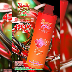 Promotional Graphic For The Bang King Triple Vape Device, Highlighting Features Like 45,000 Puffs, Three Flavors Including Tropical Fruit, Strawberry Watermelon, And Lemon Peach, And A Design Inspired By Game Of Thrones With A Wolf Logo And The Text 'Winter Is Coming'.