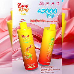 Promotional Image For Bang King Triple Disposable Vaping Devices, Featuring Two Yellow And Orange Cartridges With A Colorful Background, Showcasing Product Specifications Including 45,000 Puffs, 650Mah Battery, And 15Ml E-Liquid Capacity.