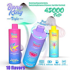 Bang King Triple のマーケティング画像。Bang King Triple 45000 電子タバコは、45,000 回の吸引、3 種類のフレーバーが楽しめる回転式タバコの吸い殻、Type-C 充電式バッテリーなどの機能を備えたカラフルな円筒形デザインを特徴としています。