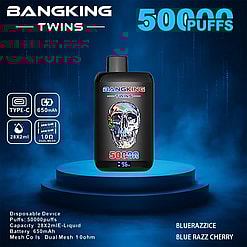Promotional Image Of The Bangking Twins Disposable Vaping Device Featuring A Multicolor Skull Design, Showing Specifications Such As 50,000 Puffs, 28X2Ml Capacity, 650Mah Battery, Type-C Charging, And Flavors Including Blue Razz Ice And Blue Razz Cherry, Against A Glowing Blue Background.