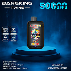 E-Cigarette Device Named 'Bangking Twins' With 50,000 Puffs Capacity, Displaying Its Colorful Skull Design And Listing Features Such As A 650Mah Battery And Dual-Flavor Options (Cola Lemon And Strawberry Skittles).