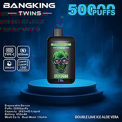Promotional Image Of The Bangking Twins Disposable Vape Featuring 50,000 Puffs, 650Mah Battery, 28X2Ml Liquid Capacity, And Dual Mesh Specifications, Displayed Against A Futuristic Blue Background.