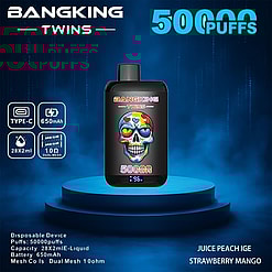 A Promotional Image For The Bangking Twins Disposable Vaping Device, Featuring A Black Unit With Colorful Skull Graphics And Specifications Indicating 50,000 Puffs, 650Mah Battery, And 28X2Ml E-Liquid Capacity, Displayed Atop A Glowing Platform Against A Blue Foggy Background.