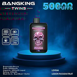 Promotional Image Of The Bangking Twins Disposable Vaping Device, Featuring Design Elements Like A Pink Skull Graphic, Specifications Including 'Type-C', '650Mah', 50,000 Puffs, Dual Mesh Coil At 1.0 Ohms, And 28X2Ml E-Liquid Capacity, Displayed Against A Blue Backdrop.