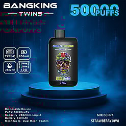 Promotional Image Of The Bangking Twins Disposable Vape With Specifications Listing 650Mah Battery, Dual-Mesh Coil Technology, 50000 Puffs Capacity, And Available Flavors Of Mix Berry And Strawberry Kiwi.