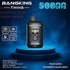 Promotional Image Of The Bangking Twins Disposable Vaping Device Featuring A Colorful Skull Design, Highlighting Its 50,000 Puff Capacity, Type-C Charging, 650Mah Battery, And Flavor Options Including Peach Guava And Strawberry Sakura Grape, Set Against A Blue Atmospheric Background.