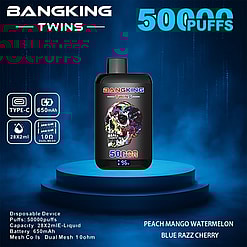 Promotional Image Of The Bangking Twins Disposable Vape Device Displaying Product Specifications Like 50,000 Puffs, 28Ml Dual Liquid Capacity, 650Mah Battery, And Dual Mesh Technology, With Flavor Options Including Peach Mango Watermelon And Blue Razz Cherry.