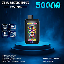 Promotional Image Of The Bangking Twins Disposable Vape Device Featuring 50,000 Puffs Capacity, Dual Mesh Coil Technology, Type-C Charging, And Colorful Skull Design, Presented On A Glowing Blue Platform.