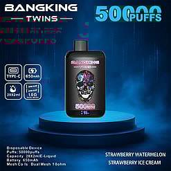 Promotional Image For The Bangking Twins Disposable Vape Device Showcasing A Sleek Design With A Vibrant Skull Graphic, Emphasizing Features Like 50,000 Puffs, Dual Mesh Coils, A 650Mah Battery, And E-Liquid Flavors Such As Strawberry Watermelon And Strawberry Ice Cream.