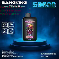 A Promotional Image For The Bangking Twins Disposable Vape Device, Highlighting Features Including 50,000 Puffs, 28X2Ml E-Liquid Capacity, 650Mah Battery, Dual Mesh 1.0-Ohm Coils, And Flavors Such As Super Cool Lychee And Pink Man.