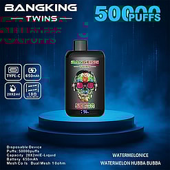 Promotional Image Of The Bangking Twins Disposable Vape Device Featuring Dual Mesh Coils, A 650Mah Battery, A Capacity Of 28X2Ml, And 50,000 Puff Capability, Highlighted With Flavor Options Such As Watermelon Ice And Watermelon Hubba Bubba, Set In A Futuristic Blue Background.