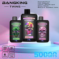 Advertisement showcasing three "Bang King Twins 50000" branded vape devices displaying graphics of colorful skull designs and specifications like 50,000 puffs capacity and 650mAh battery on a gradient background.