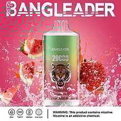 Reklambild för Bangleader vape med 20 000 bloss, med en tigerlogotyp och smak av jordgubb och vattenmelon, mot en rosa bakgrund med fruktstänk.