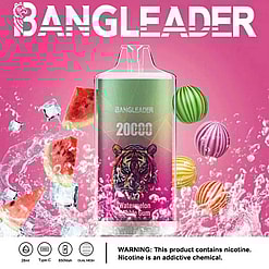 Promotional Image Featuring The Bangleader Vape Device With 20,000 Puffs Capacity, Watermelon Bubblegum Flavor, And Specifications Such As 28Ml Capacity, Type-C Charging, And 650Mah Battery, Surrounded By Watermelon Slices, Striped Candy Balls, And Ice Cubes On A Vibrant Pink Background, With A Nicotine Warning Displayed Below.